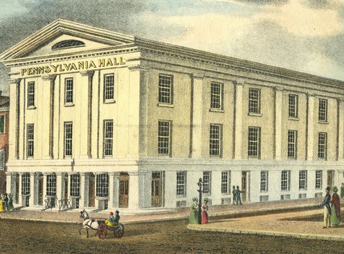 Built by the Pennsylvania Anti-Slavery Society to serve as a meeting place for abolitionists, Pennsylvania Hall ws burned to the ground by "anti-black" rioters , four days after it opened. (Photo courtesy of the Free Library of Philadelphia)